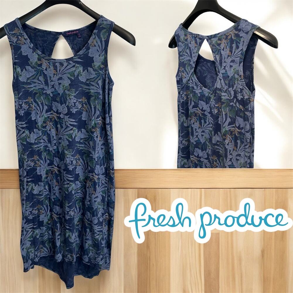 Fresh Produce Sleeveless Cotton Midi Dress Blue Tropical‎ Pattern Boho Size XS